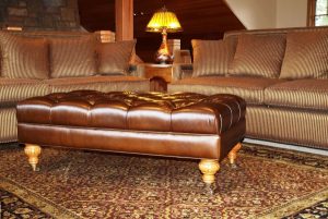 Image of custom leather upholstered bench for living room